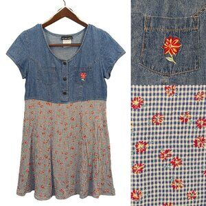 Vintage 90s Floral/Gingham/Denim Dress